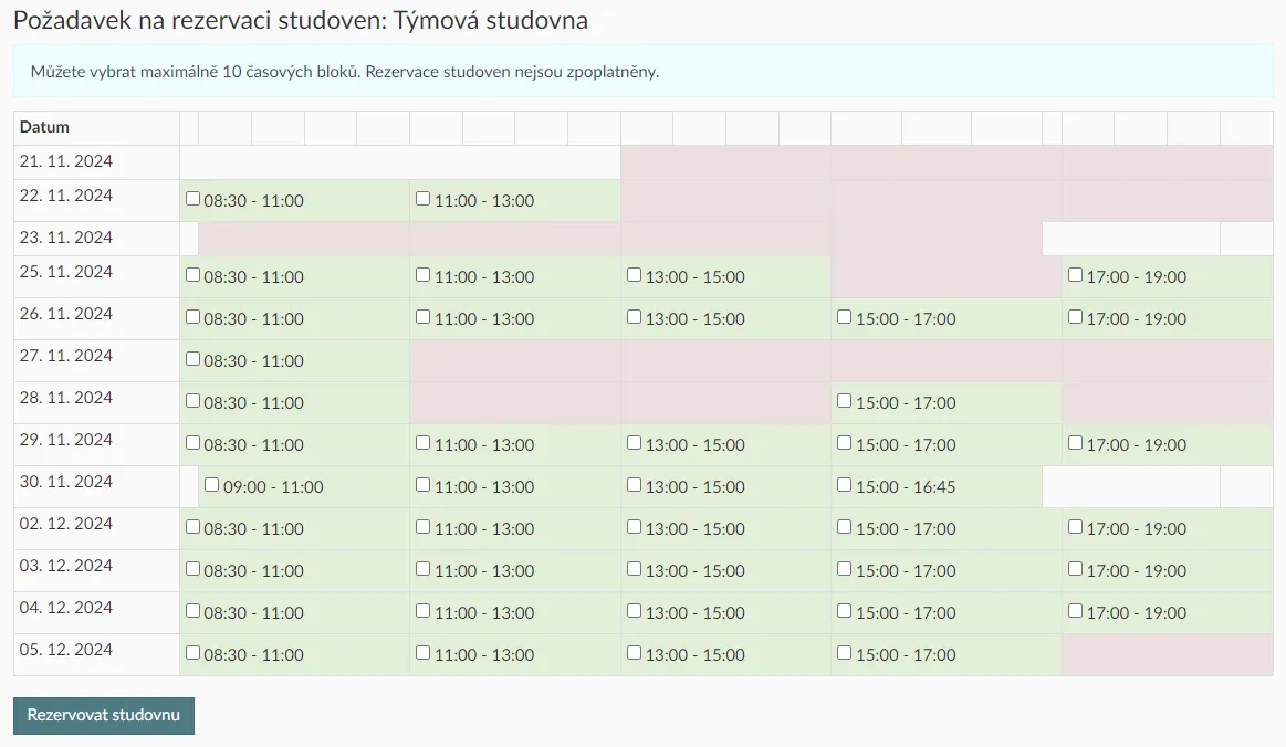 Požadavek na rezervaci týmové studovny